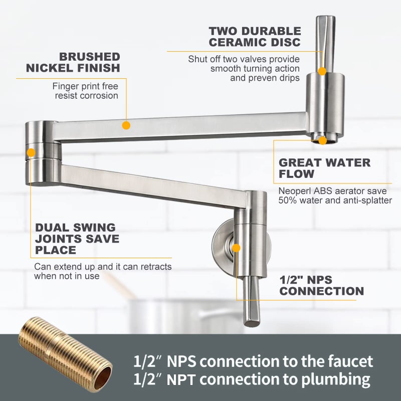 WOWOW Brushed Nickel Pot Filler Faucet - WOWOW Solid Brass Pot Filler Patent Design, Wall Mounted Kitchen Stove Faucet with Double Joint Swing Arm (Modern Style) - Image 5